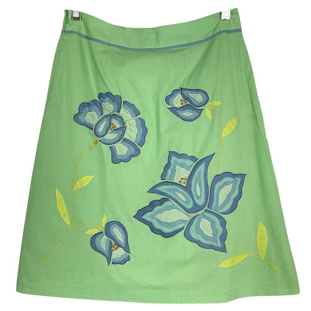 NWT French Connection Green A-line skirt with blue & yellow floral embroidery, 2 - Picture 2 of 13